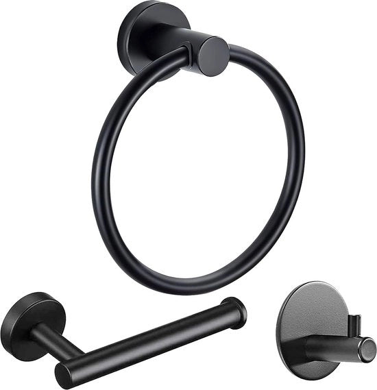 Set di 3 accessori decorativi per bagno, con anello per asciugamano, appoggio per carta igienica e gancio per asciugamano, adesivo, fissaggio alla parete, accessori decorativi per bagno, soggiorno, cucina (matte Nero)