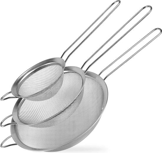 Set di tre setole a maglie fini, setola a maglie 8/13,5/21,5 cm, setola per pasta, riso, tè, con manico robusto, setola per mele.