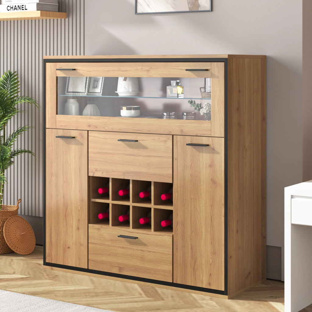 Mobile bar 2 ante e 2 livelli con portabottiglie e luce LED, per soggiorno e sala da pranzo, naturale, 110 x 38 x 111 cm