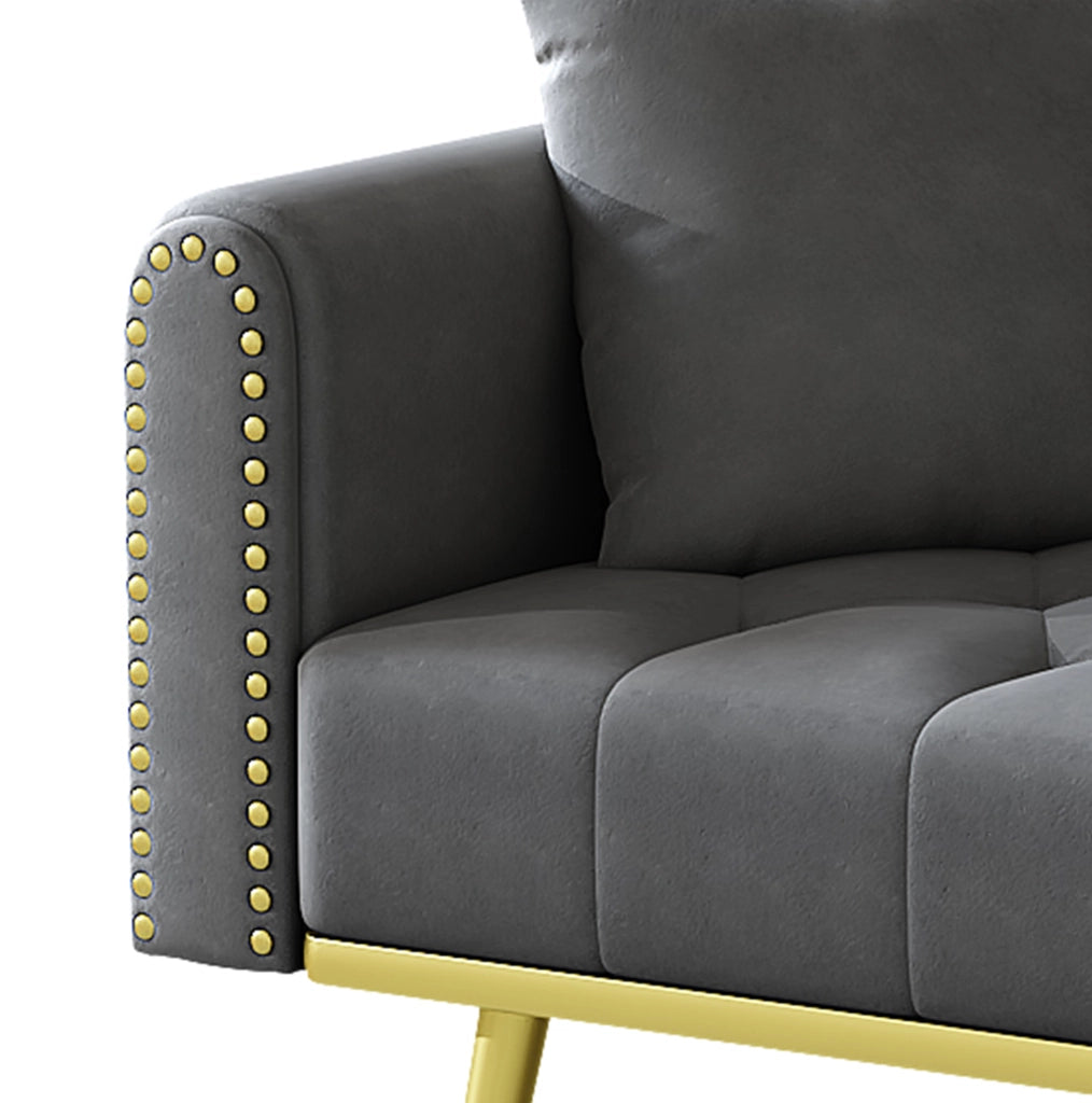 Divano letto 175x80 cm in velluto grigio con portabicchieri， 2 posti