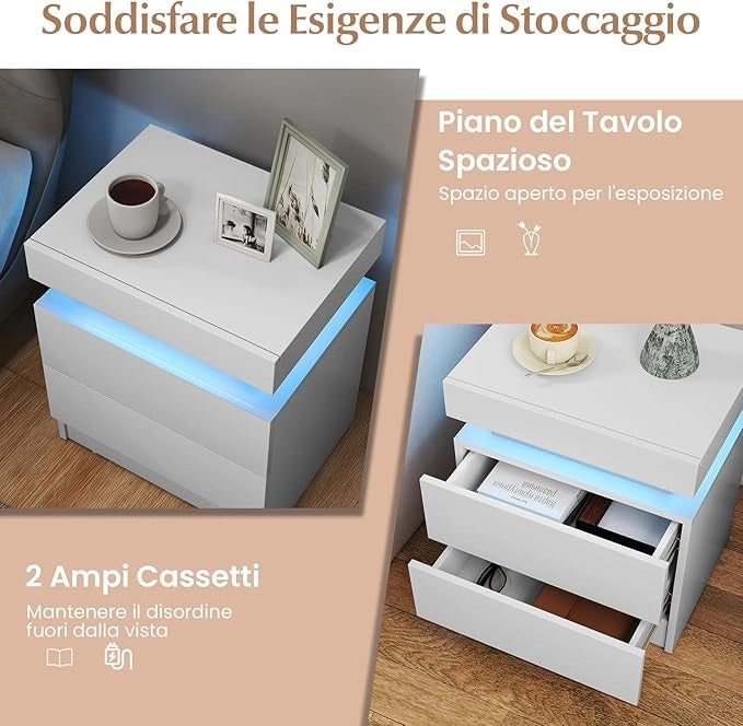 Tavolino da Salotto con 2 Cassetti e Luci a LED, Tavolino Moderno con Finitura Lucida Effetto Marmo, Comodino per Camera da Letto e Soggiorno, 45 x 35 x 52 cm (Bianco)