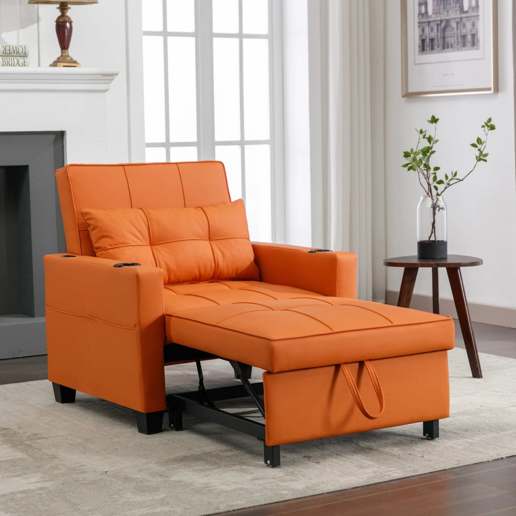 Poltrona letto 3 in 1 estraibile con schienale regolabile porta bevande e tasca in pu arancione 74 × 87 × 84 cm