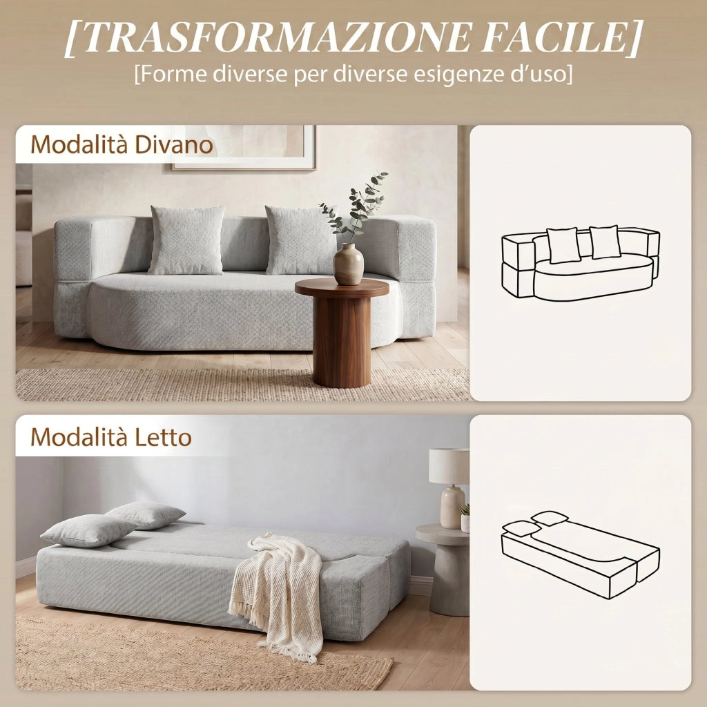 Divano Letto 2 Posti 2 in 1 con 2 Cuscini Sfoderabili, Braccioli e Seduta Imbottita, in Ciniglia, Grigio Chiaro