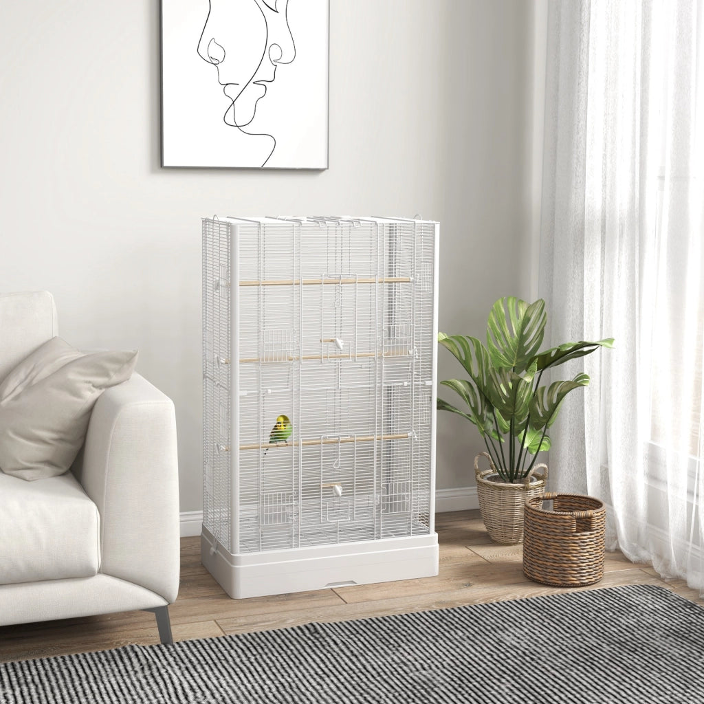 Gabbia per Uccelli con Vassoio Estraibile e Posatoi, Voliera per Pappagalli, 61x36.5x98 cm, Bianco
