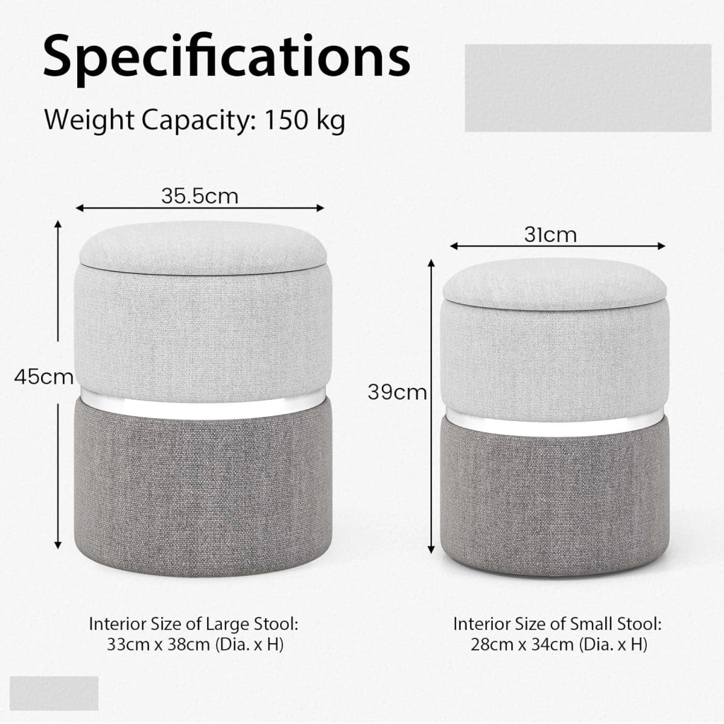 Set di 2 pouf a sacco rotondo bicolore, sgabello estraibile imbottito con ripostiglio, poggiapiedi, capacità 32 L e 21 L, tavolino compatto per soggiorno, camera da letto, ufficio