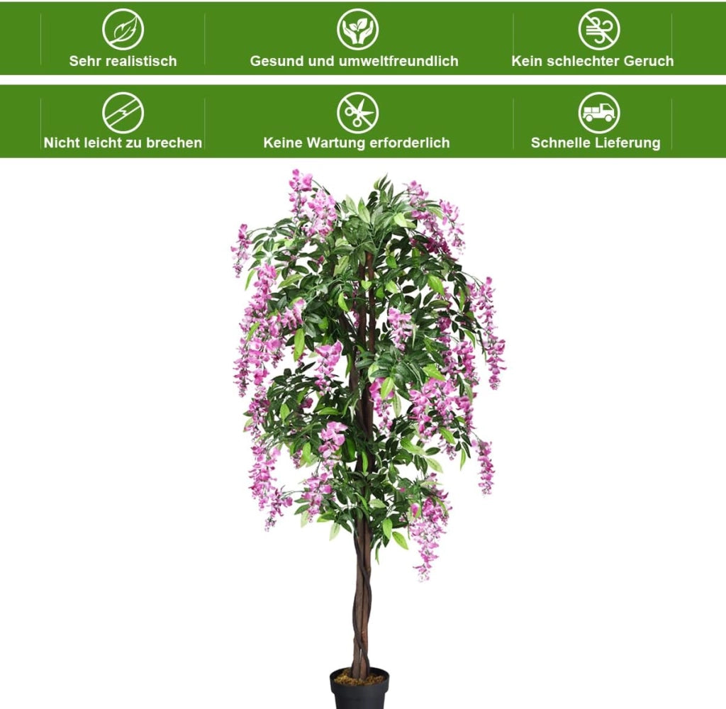 Pianta artificiale Wisteria, albero artificiale con foglie e 2 tronchi, fiori artificiali in vaso, piante decorative, 180 cm