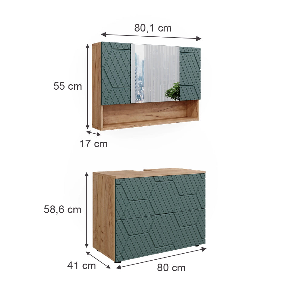 Vicco Set mobili bagno Quercia verde/oro 2 parti, base 80 cm