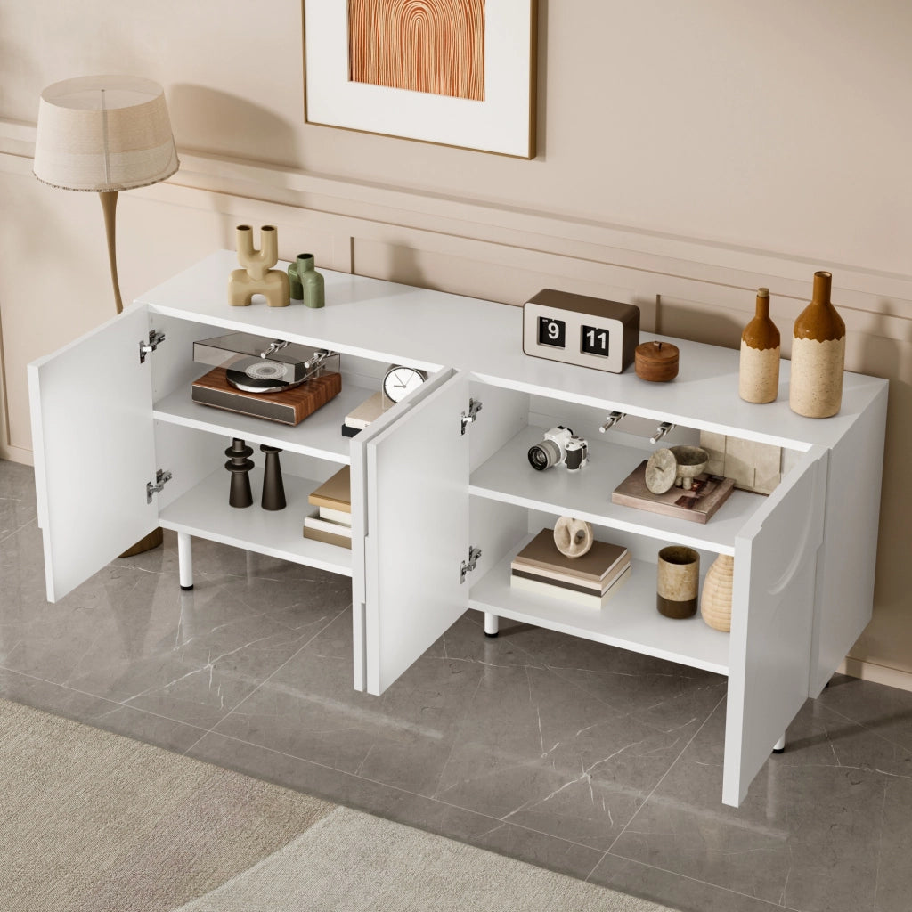 Credenza con 4 Ante e Piedini in Metallo; Design Geometrico Moderno con Curve Irregolari; in MDF e Pannello Truciolare; Bianca