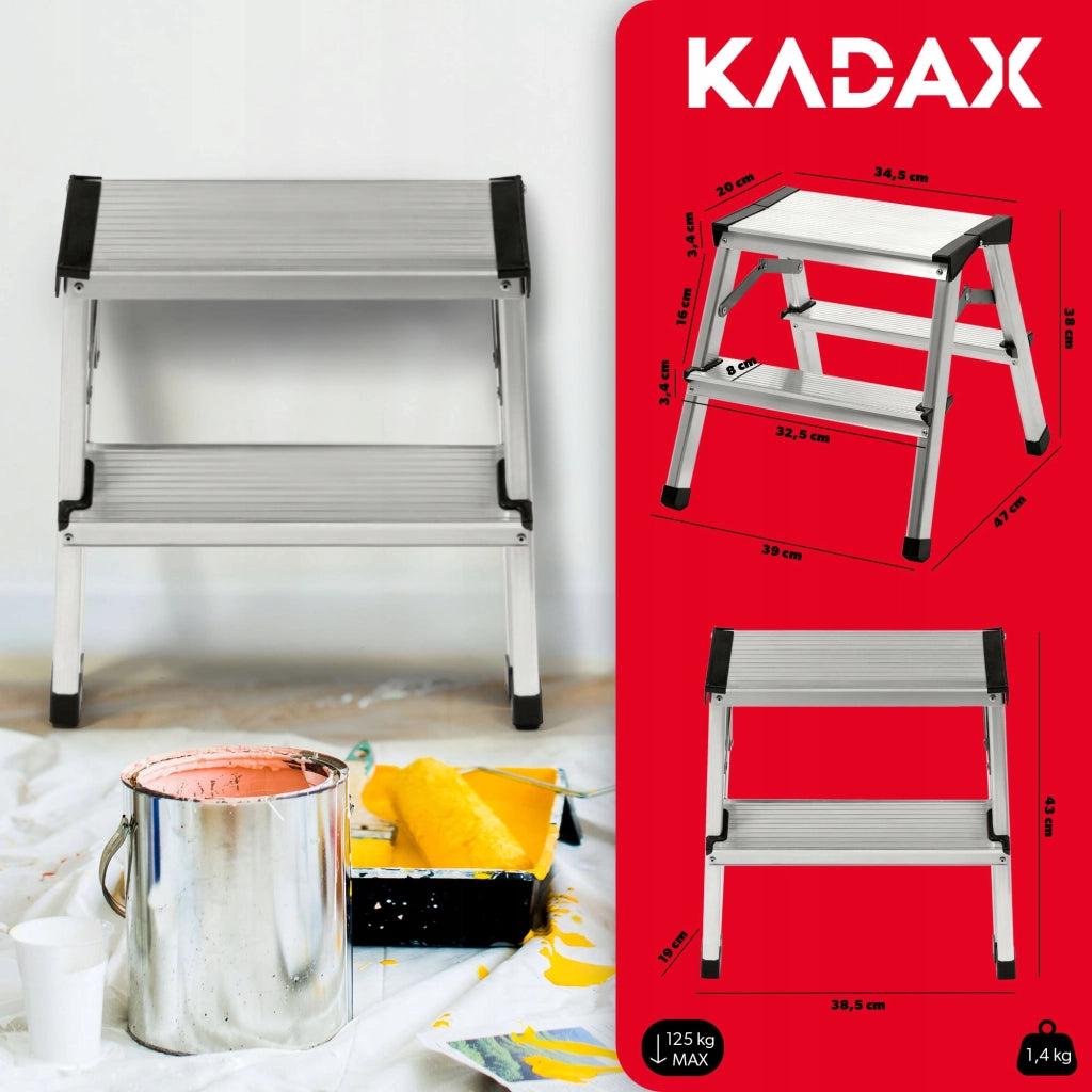 Scala a piattaforma in alluminio KADAX a 2 gradini, pieghevoli su entrambi i lati.