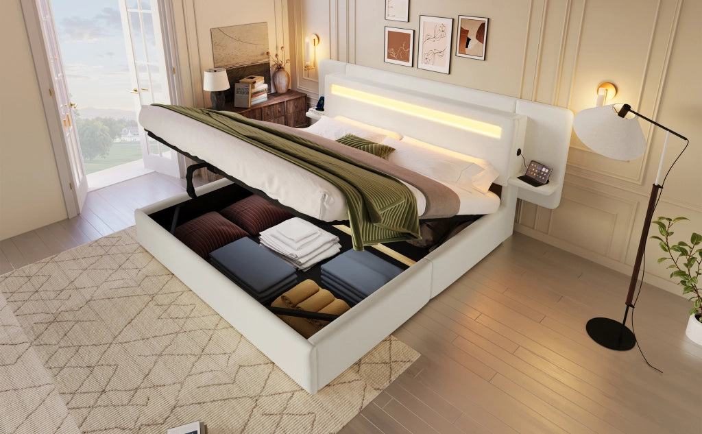 Letto imbottito 180x200 cm in lino beige con contenitore; LED multicolore e presa USB