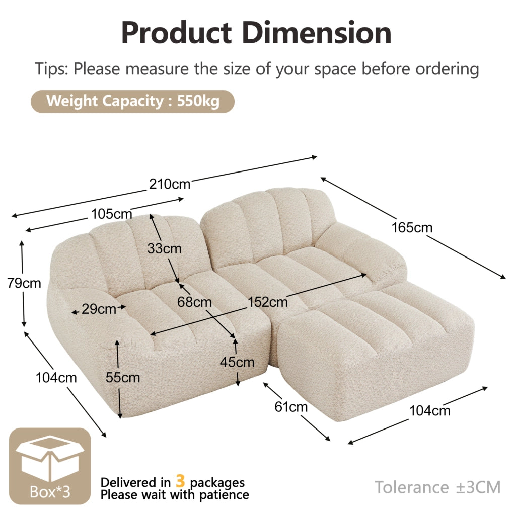 Divano modulare angolare 210.0x165.0x79.0 cm con ottoman senza montaggio in pile granulato beige e bianco