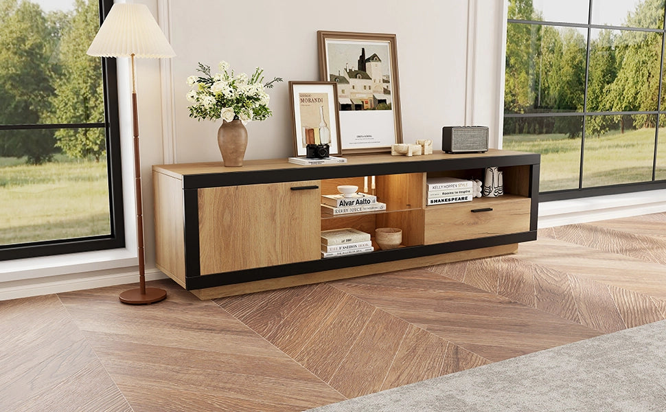 Mobile Porta TV LED 160 cm Nero e Rovere per Schermi 70 Pollici