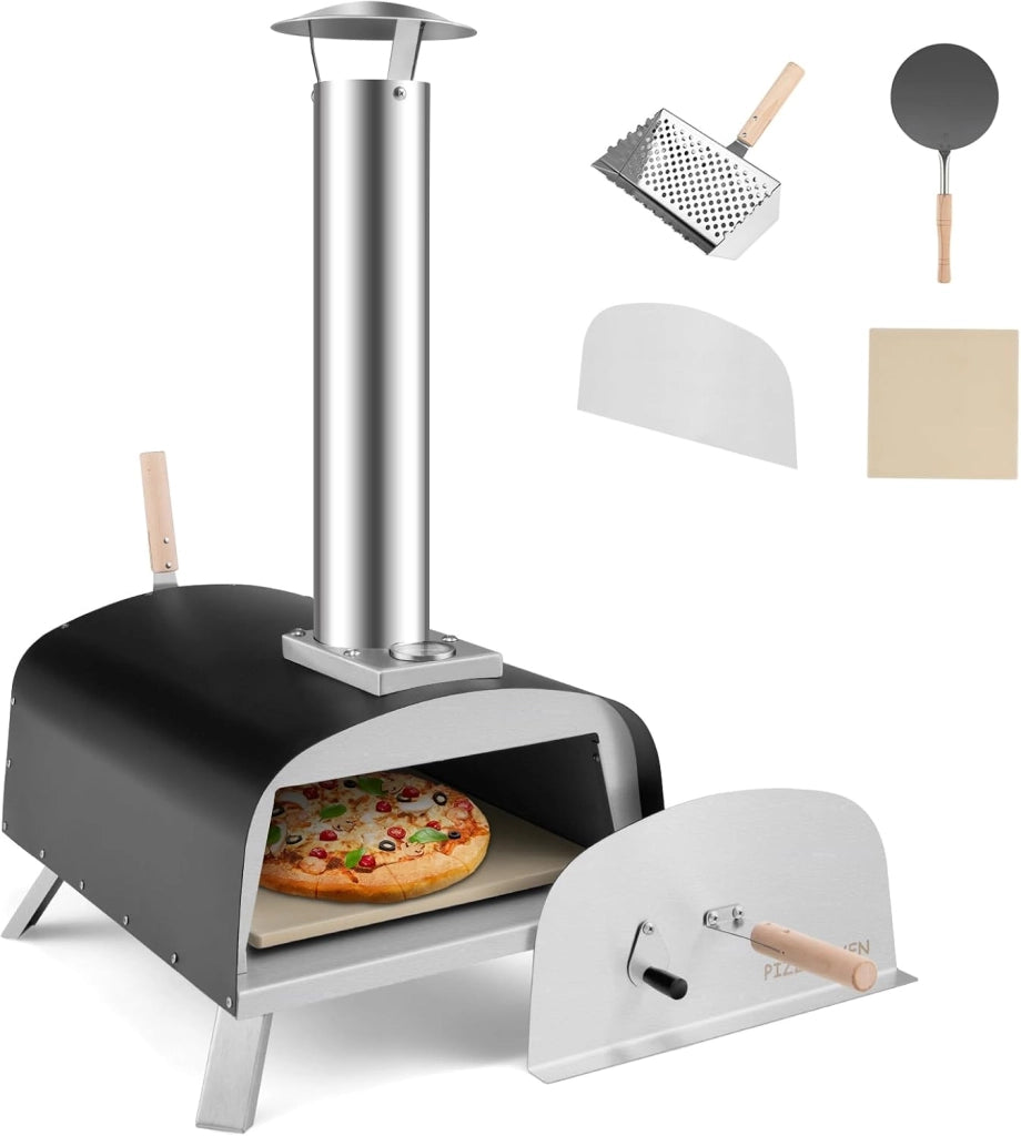 Forno per pizza all'aperto, portatile a legna con pietra per pizza, termometro, forno per pizza in acciaio inox, forno per pizza per barbecue e campeggio