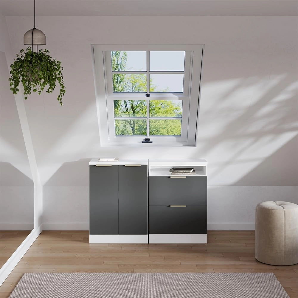 Set di mobili sottotetto Rion, Antracite-oro, 120 cm Set di 2 carcasse armadio profondità 60 cm, adatto per il salvaspazio sotto tetti spioventi
