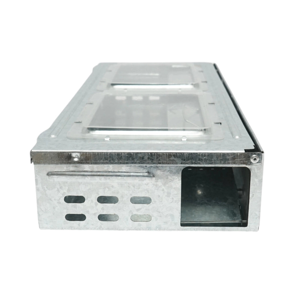 Trappola per topi professionale in metallo zincato, dimensioni 36,3x16,1x6,1 cm.