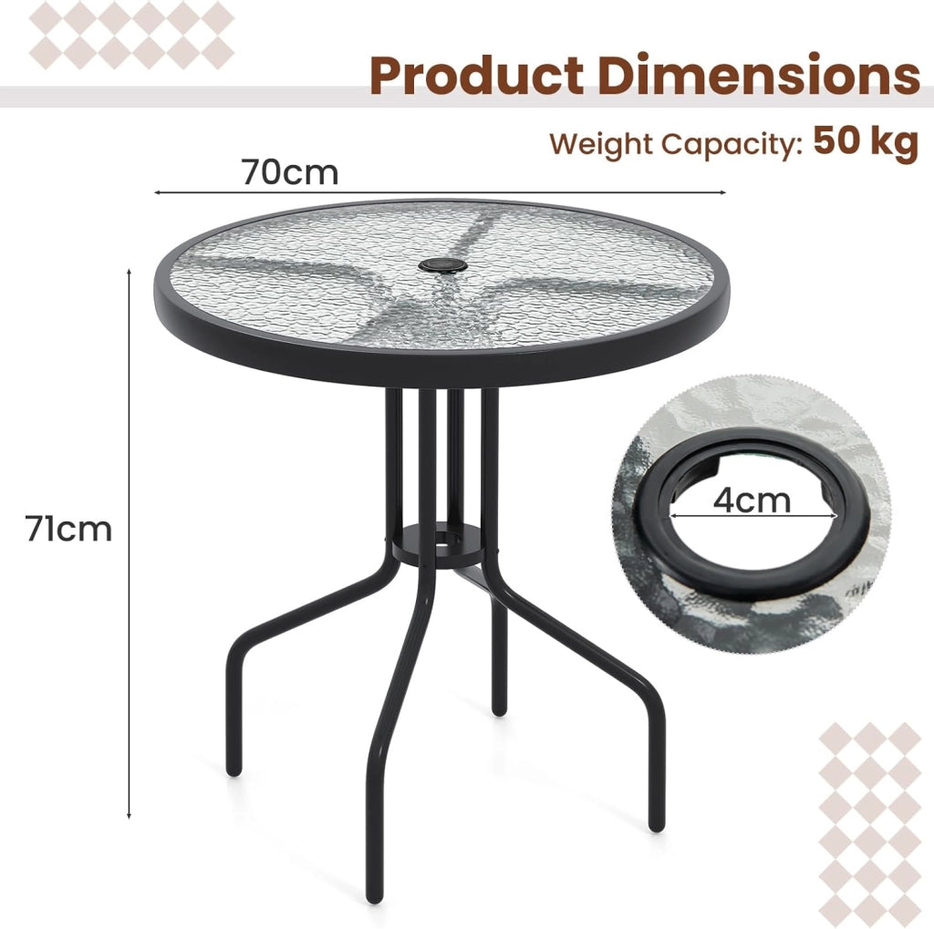 Tavolo rotondo da giardino con piano in vetro, 70 x 70 x 71 cm, tavolo da bistrot con foro per ombrellone da 4 cm, gambe in metallo resistente, tavolino per balcone, patio