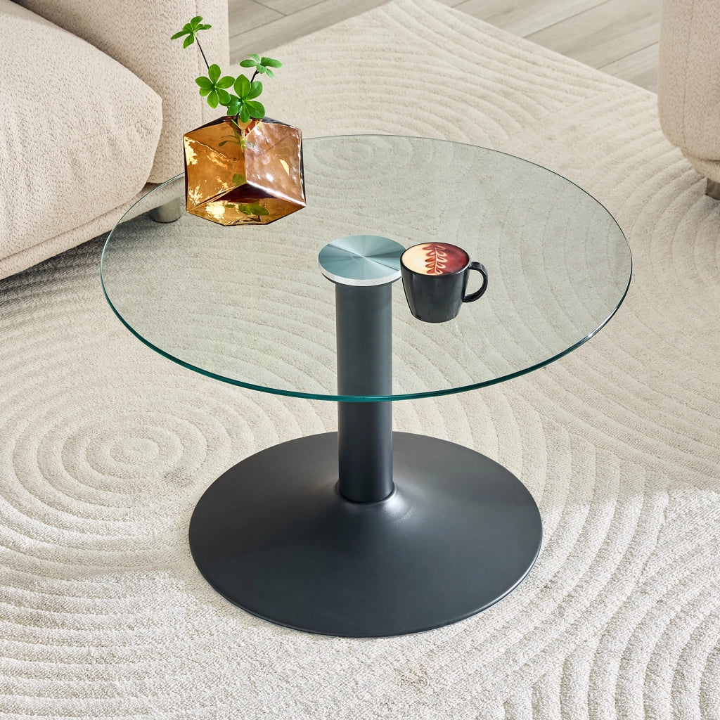 Tavolino basso rotondo moderno in vetro temperato e metallo con base stabile, per soggiorno, nero, 70 × 45 cm