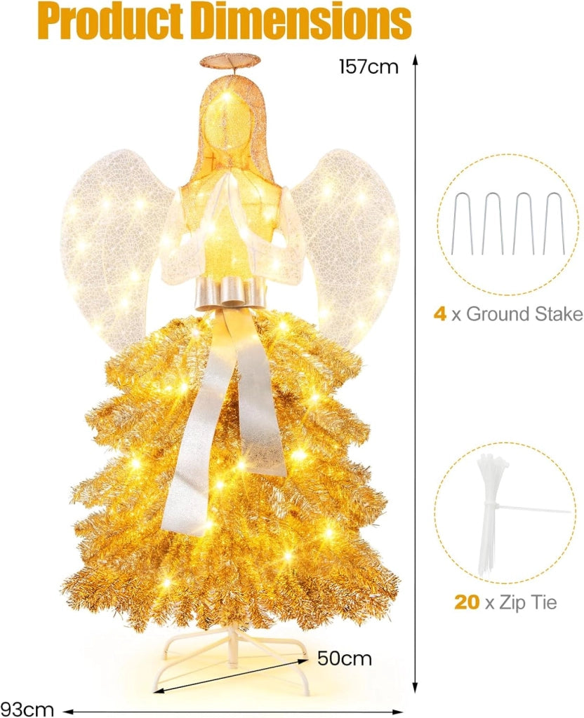 Angelo di Natale per esterni, 157 cm, decorazione natalizia illuminata, grande angelo con albero di Natale, stile abito, 150 luci LED, decorazione natalizia, statuetta di Natale XL