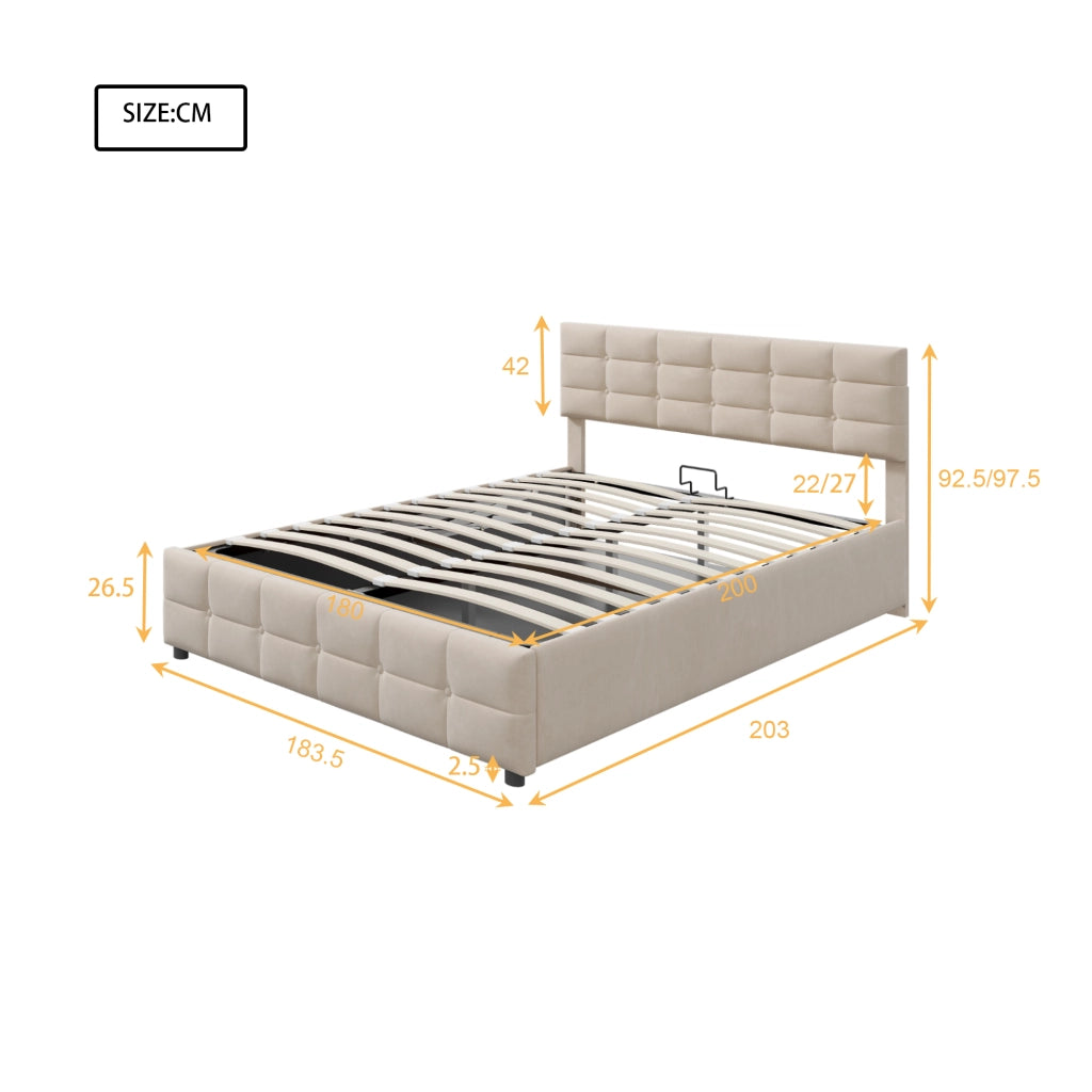 Letto imbottito 180 × 200 cm 2 posti con contenitore idraulico, senza materasso, in velluto beige