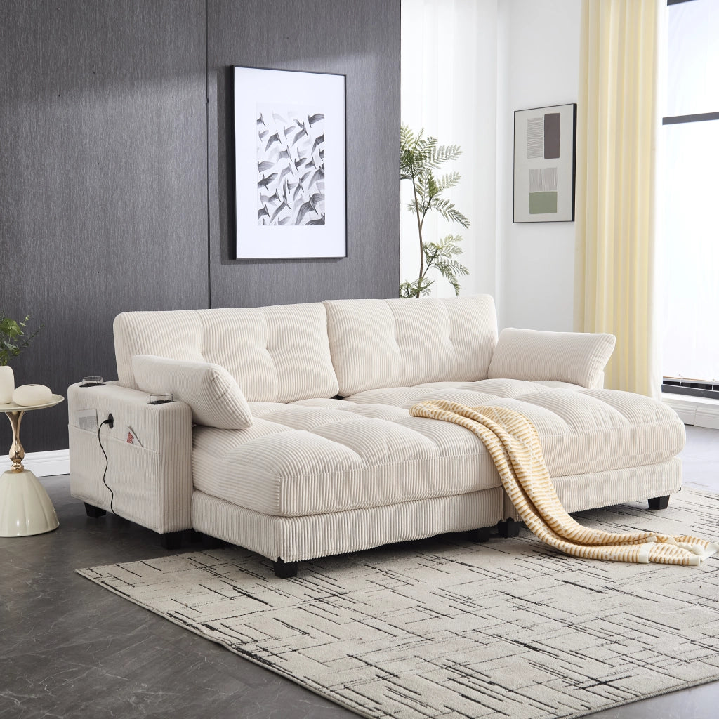 Divano modulare in velluto a coste con cuscini portabicchieri tasche laterali e porte USB separabile in due beige