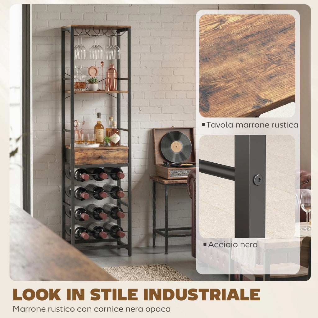 Mobile Bar Portabottiglie 40x30x148 cm Capacità 12 Bottiglie con Cassetto e Portabicchieri Struttura in Metallo Marrone