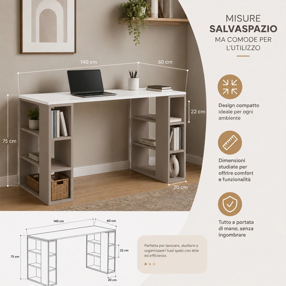 Scrivania Libreria 6 Ripiani Tavolo Porta Pc Computer Legno Casa Ufficio Tortora