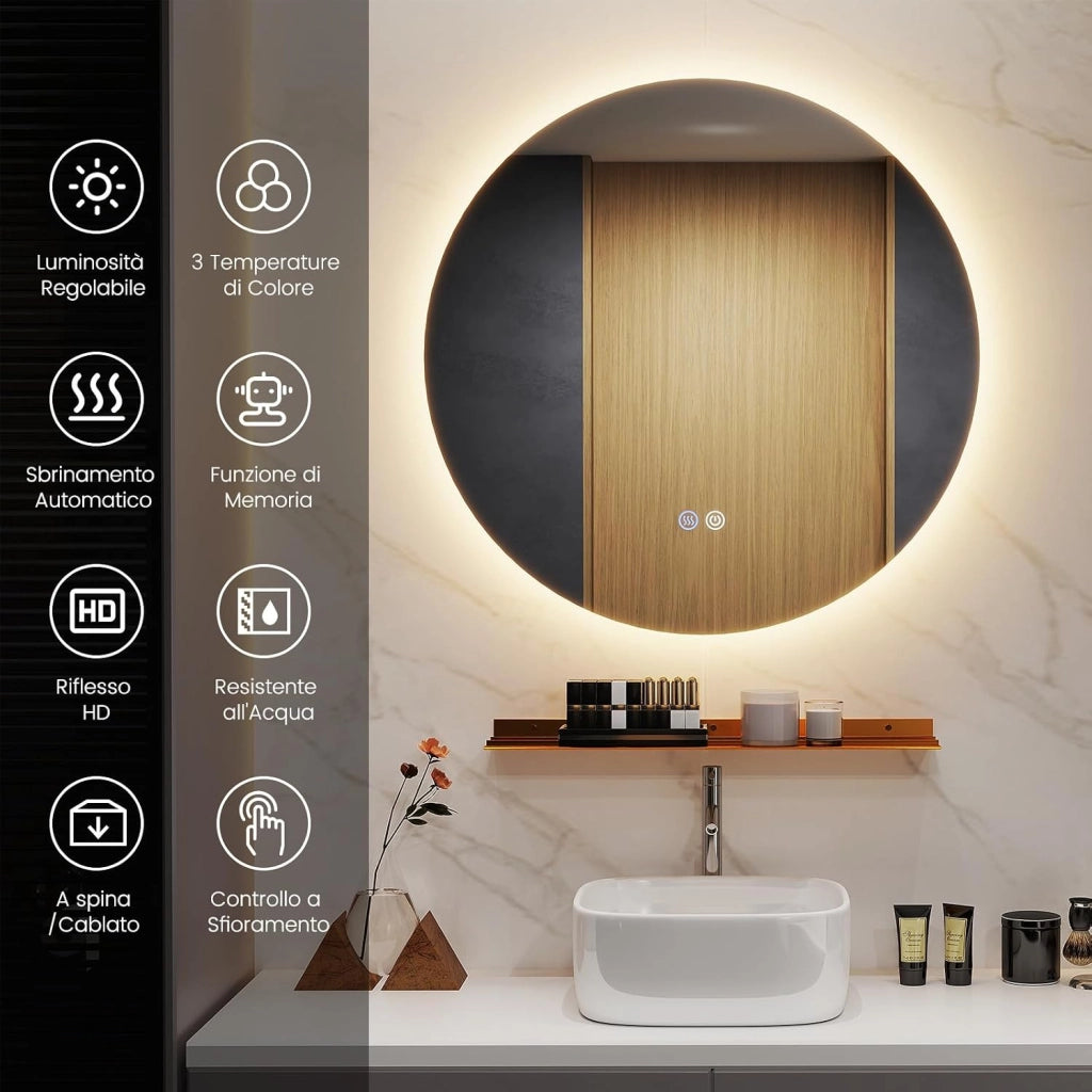 Specchio da Parete 60cm, Specchio Rotondo Bagno con Luci Led a 3 Colori, Mensola e Funzioni di Autosbrinante e di Memoria, per Soggiorno e Camera da Letto, IP44