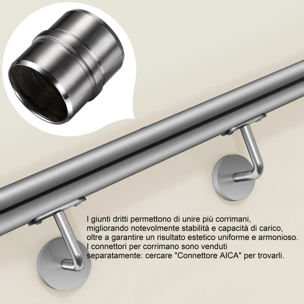 Corrimano a parete in acciaio kit inox AISI 304 argento, Lunghezza 200 cm, Ø 42,4 mm, per scale interni ed esterni