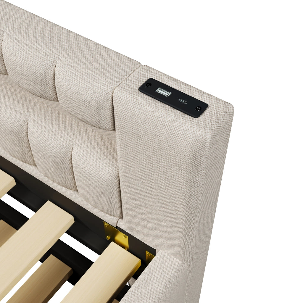 Letto estraibile singolo 90×200 cm con LED; USB e Type-C; senza materasso; lino; beige