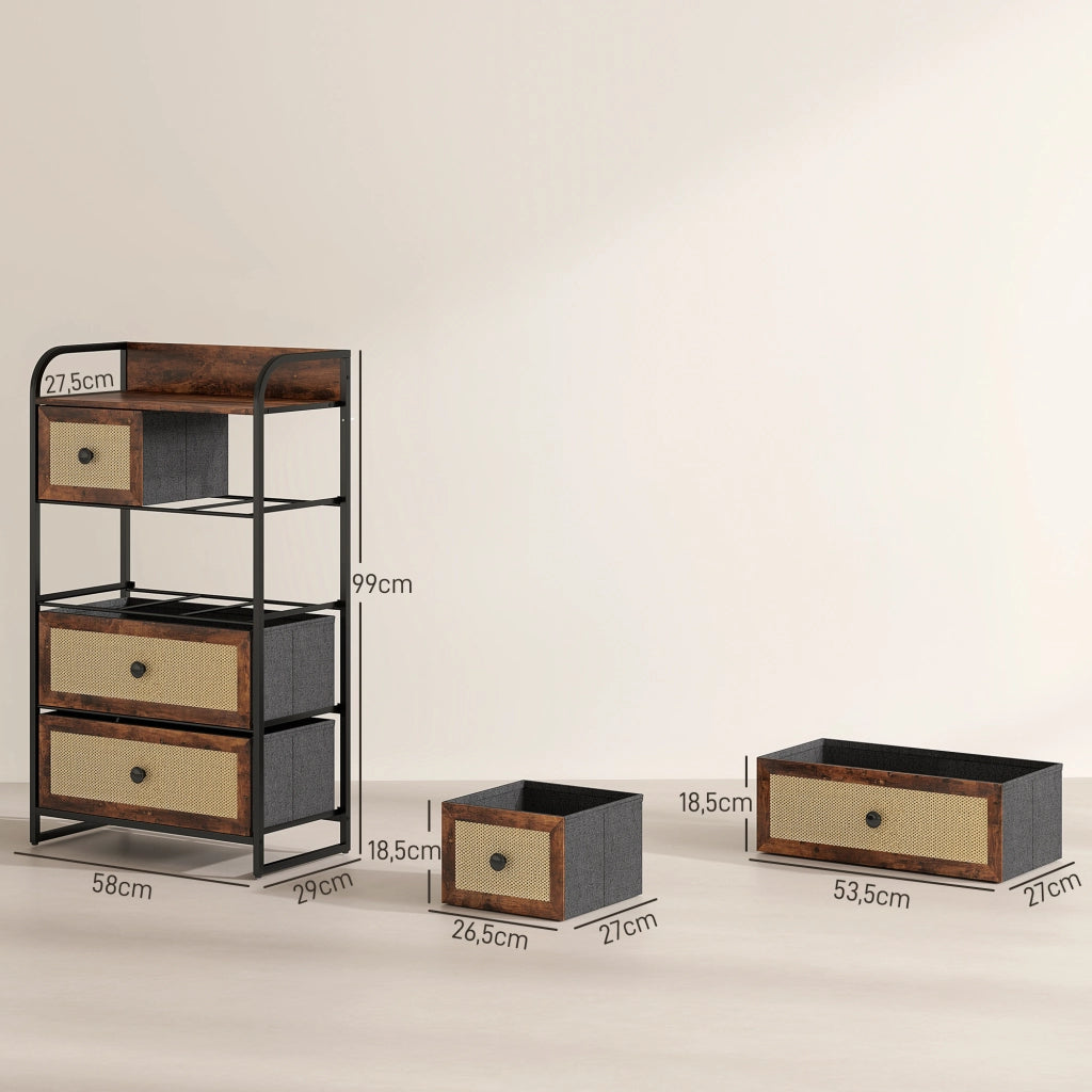 Comodino con 5 cassetti ¨C zephmum ¨C marrone, effetto rattan, acciaio, 58x29x99 cm