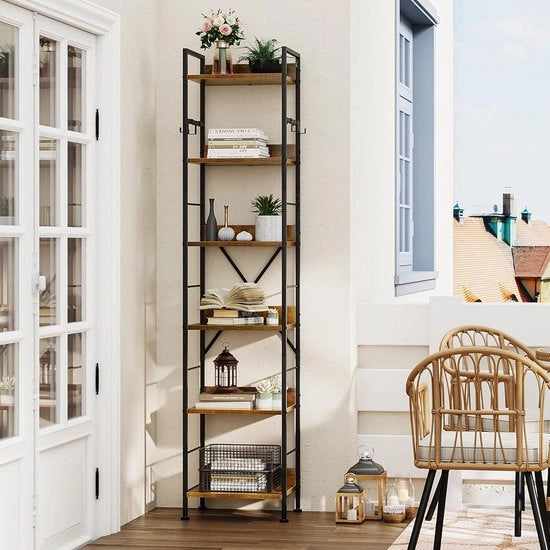 Libreria a 6 livelli, scaffale a pavimento con 4 ganci, pannello in legno e struttura in metallo, libreria, alta piastra industriale, deposito per salotto, home office, pannello grigio