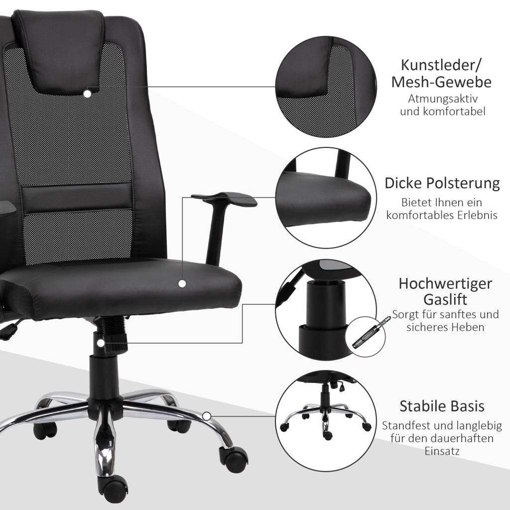 Sedia da ufficio ergonomica girevole con schienale a S, supporto lombare e cervicale, seduta imbottita in pelle nera