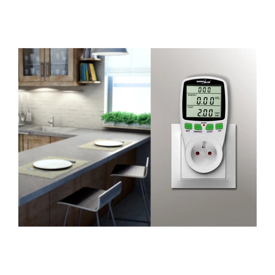 Misuratore di potenza Greenblue GB202 bianco da 0 a 9999 W con display LCD integrato