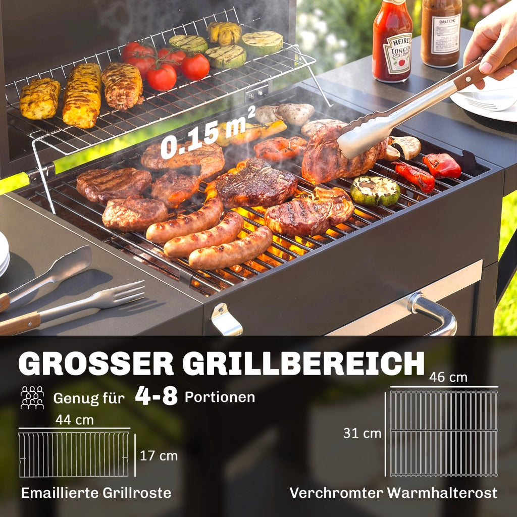 Barbecue Smoker con Coperchio e 2 Tavolini ¨C zephmum ¨C Grigio, Acciaio, 120x80x110 cm