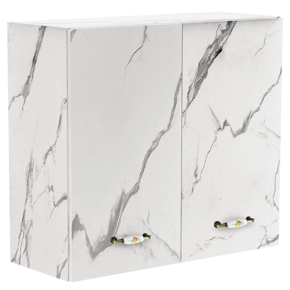 Pensile da Cucina Armadio Sospeso da Parete Doppia Anta in Legno Bianco Effetto Marmo
