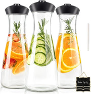 Set di caraffe in vetro da 3 pezzi, 1 litro con coperchio, caraffe in vetro resistenti e resistenti con coperchio, caraffe in vetro per bevande fai da te, succo/vino, 3 tavoli in legno e 1 pennarello inclusi
