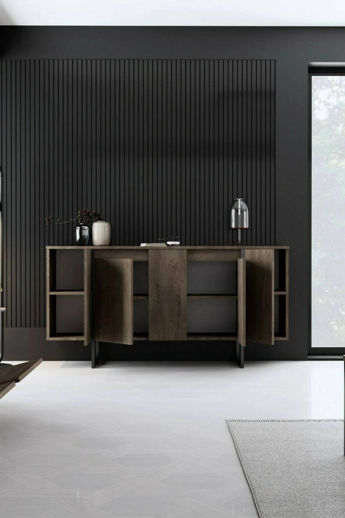 Credenza Arta, Buffet da soggiorno, Madia da salotto, Dispensa da cucina, 160x35h80 cm, Noce e Nero