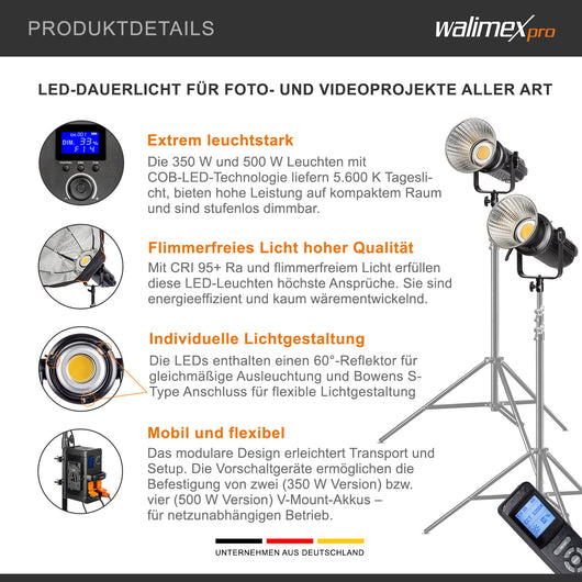 LED Niova Plus Daylight Set 2 Faretti LED per fotografia 350W e 500W, con riflettore Bowens e diffusore, con tecnologia COB-LED, per studio fotografico