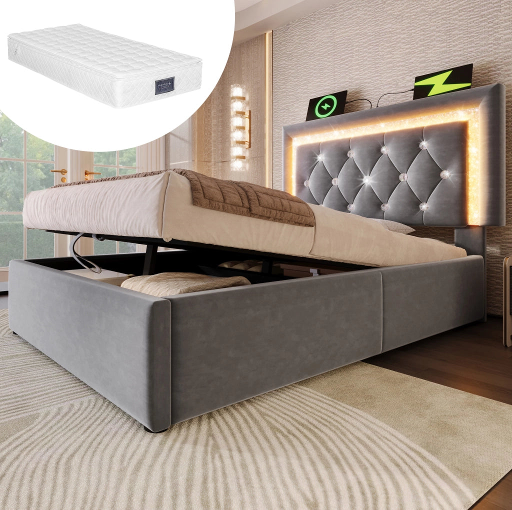 Letto singolo 90x200 cm con materasso, LED, USB-C e contenitore