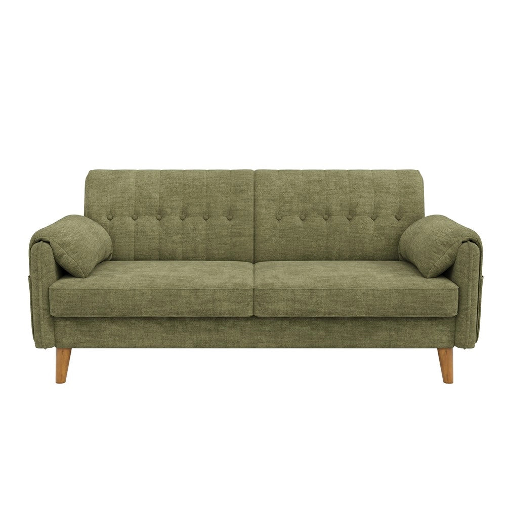 Divano 2 posti ¨C Minimal ¨C Verde tessuto imbottito gambe legno massello con braccioli e cuscini