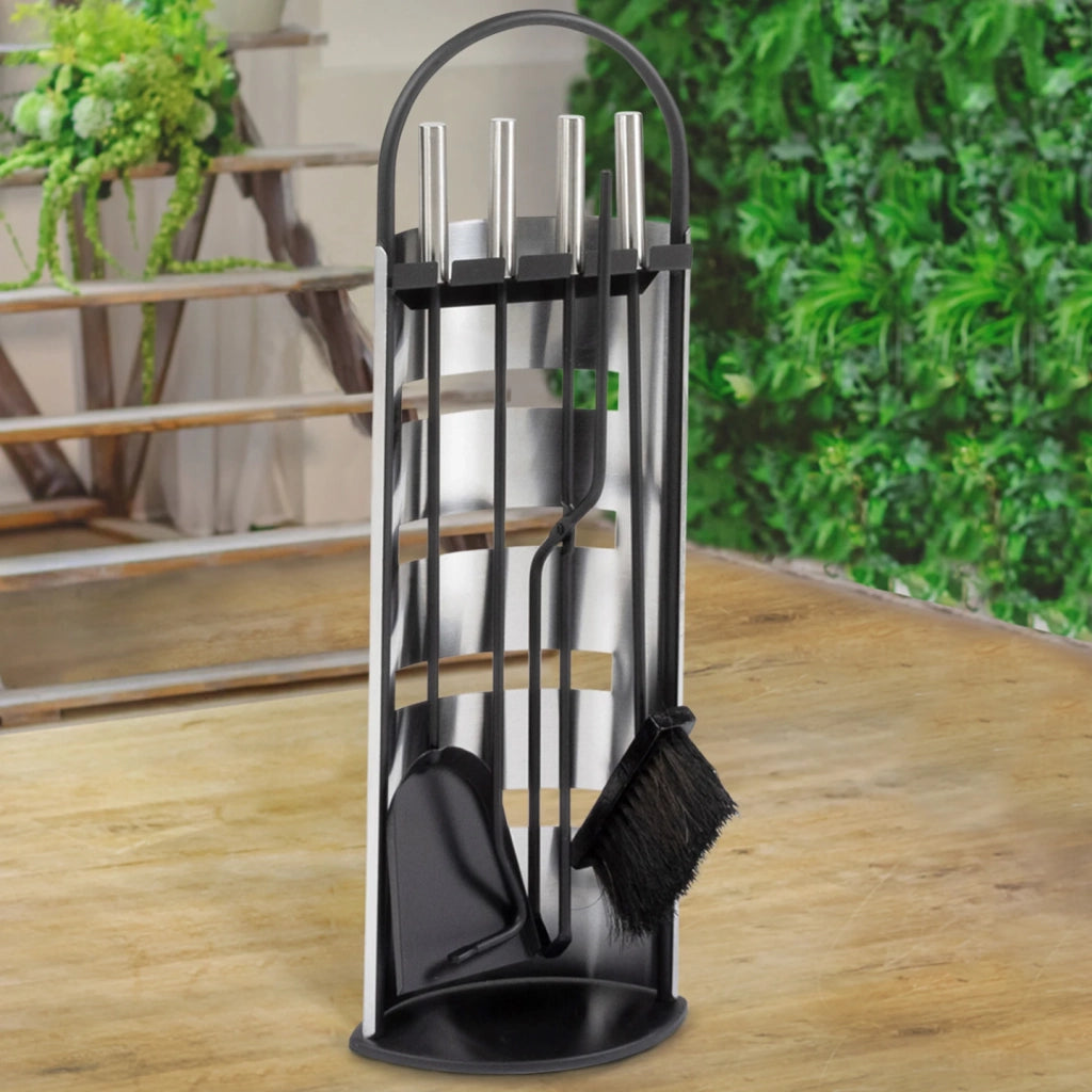 IDMarket - Set attrezzi per camino, set di 5 accessori per camino in acciaio inox e nero
