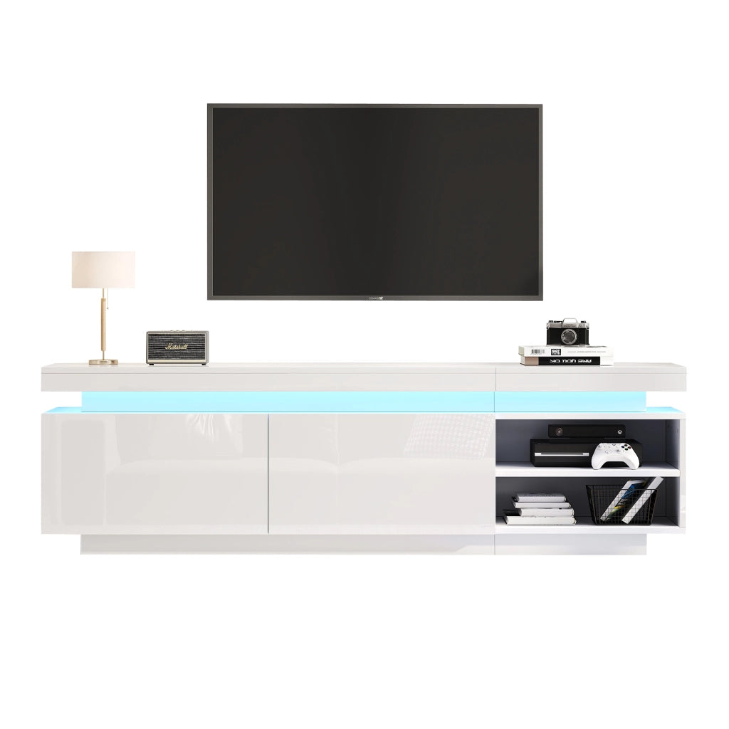 Mobile TV moderno con LED e vani contenitore; 170x35x50 cm; bianco lucido