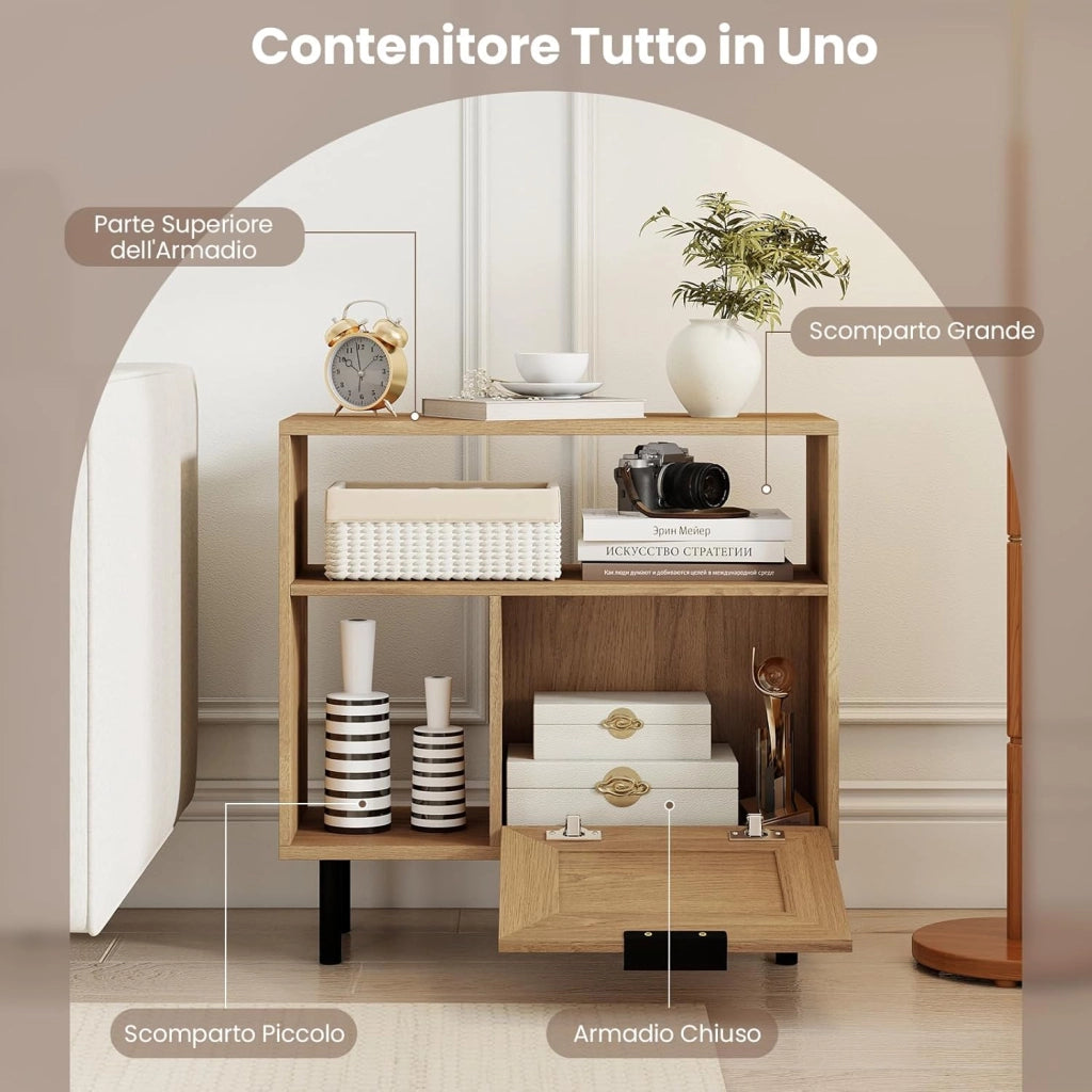 Tavolino da Salotto Boho in Rattan, Comodino con Ripiano Portaoggetti, Armadietto e Gambe in Metallo, Tavolino Versatile per Soggiorno, Camera da Letto e Ingresso