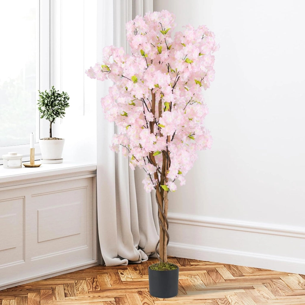 2 Alberi di Ciliegio Artificiale 150 cm, Set di 2 Piante Finte in Vaso da Vivai con Fiori Rosa e Foglie Verdi, Piante Decorative per Casa, Ufficio e Negozio