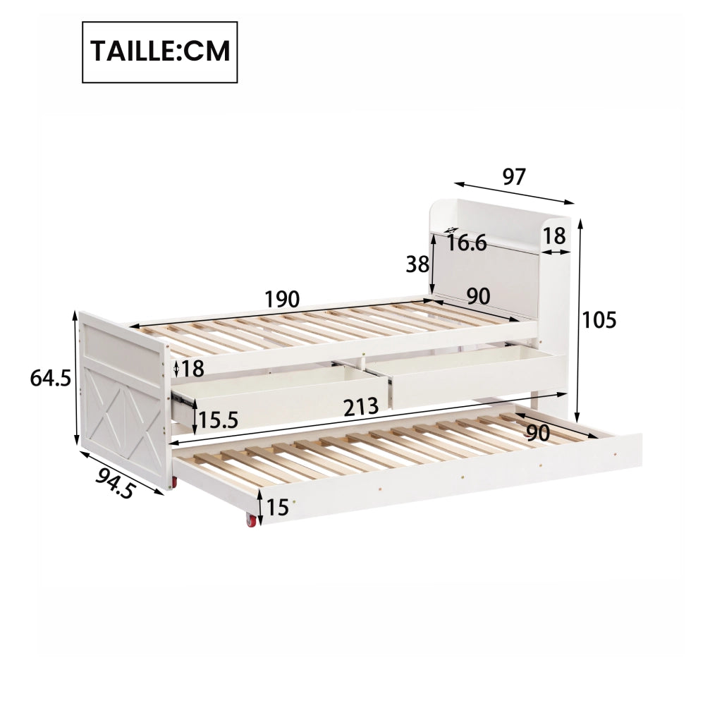 OKWISH Letto a Scomparsa 90×190 cm, Letto Singolo con Letto Estraibile, 2 Cassetti, USB e Comodino con Ripiani, senza Materasso, Legno Massello, Bianco