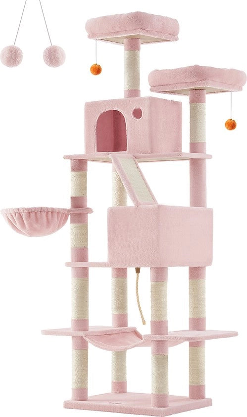 Torrone per gatti - Paletto per gatti - Centro di attività - Lame in spazzola e piuma - 60 cm x 50 cm x 206 cm - Previene il crollo - 23,5 kg