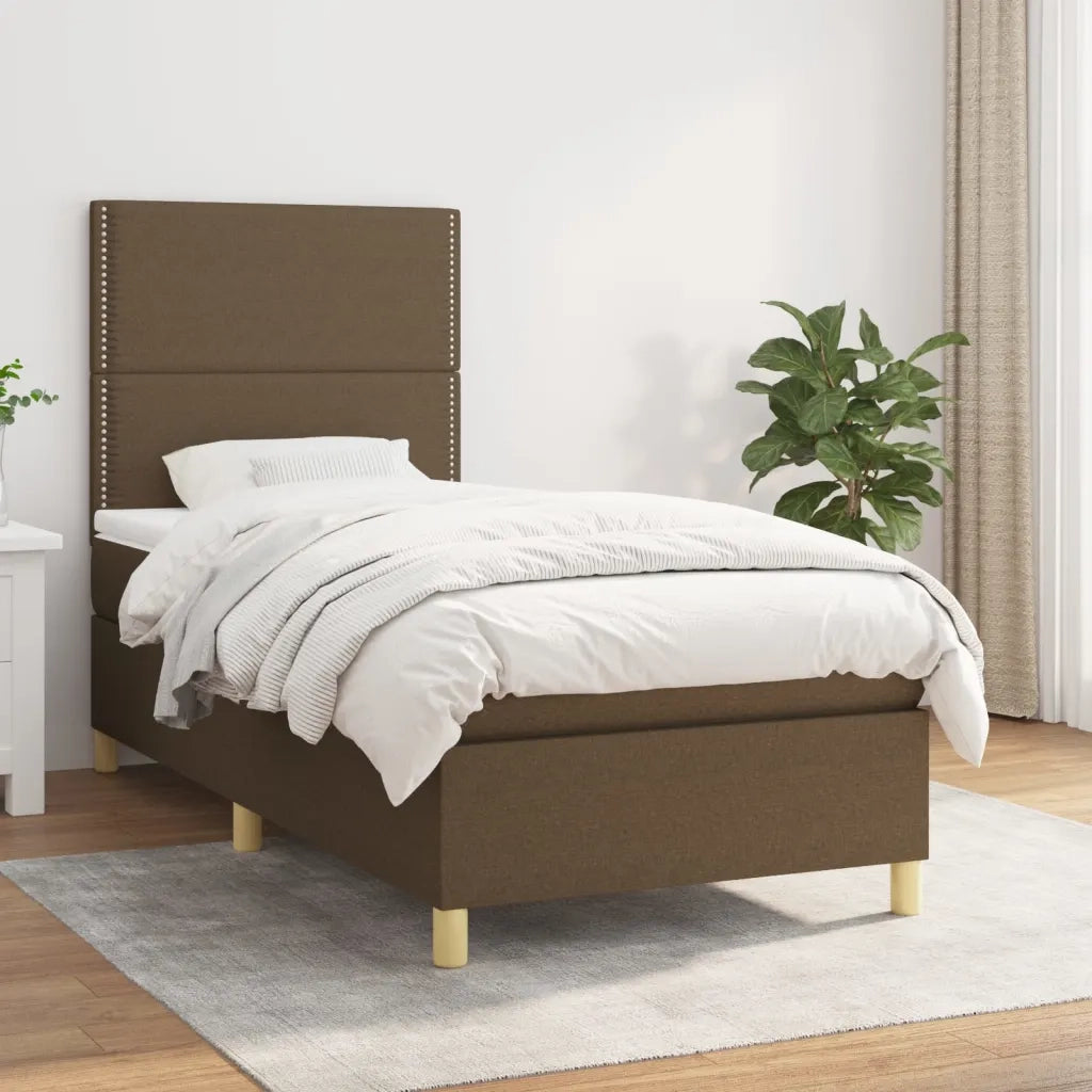 Letto singolo | Letto per adulti | Giroletto a Molle con Materasso Marrone Scuro 90x190cm Tessuto