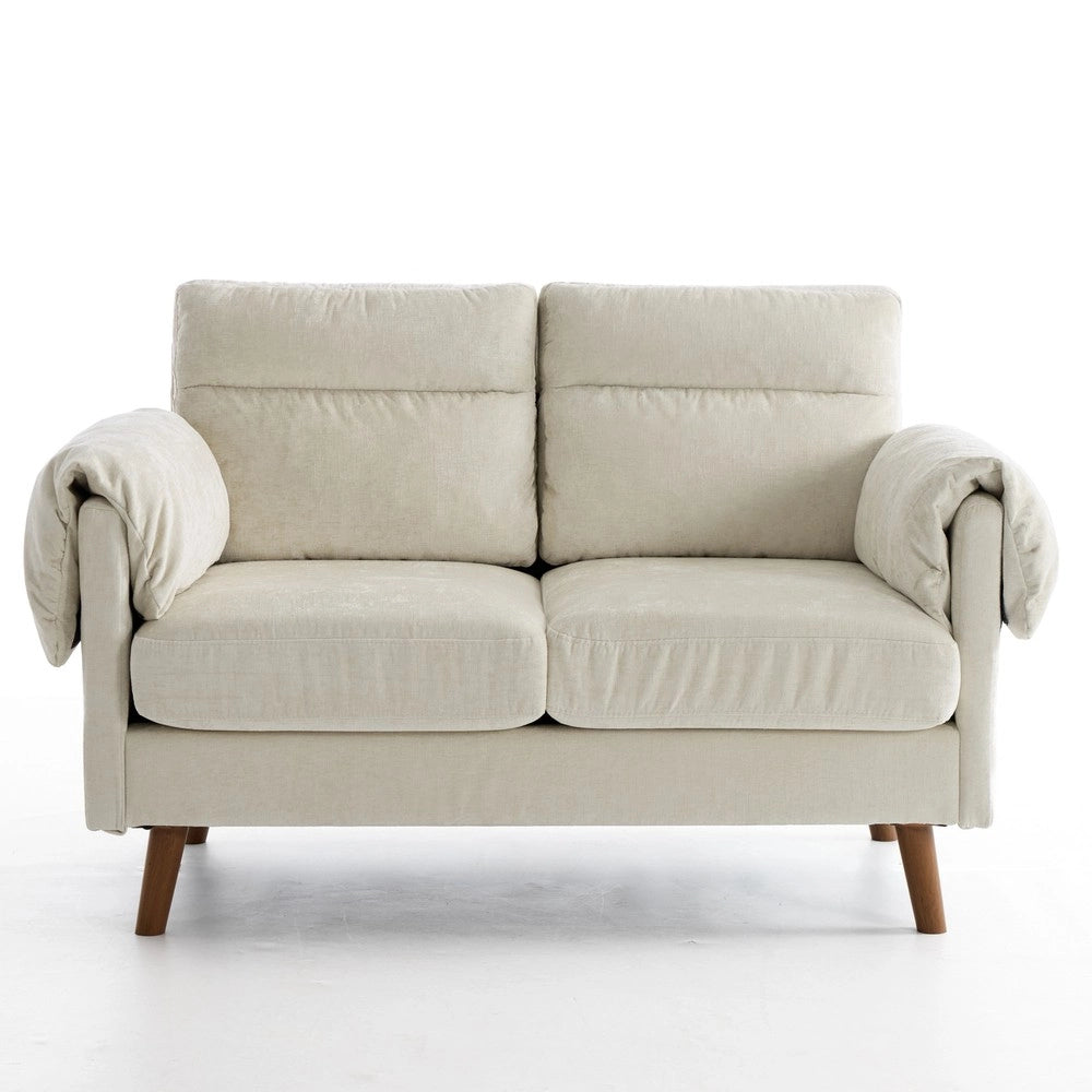 Divano 2 Posti in Tessuto Morbido ¨C Xylo ¨C Beige, Cuscini Imbottiti, Gambe in Legno