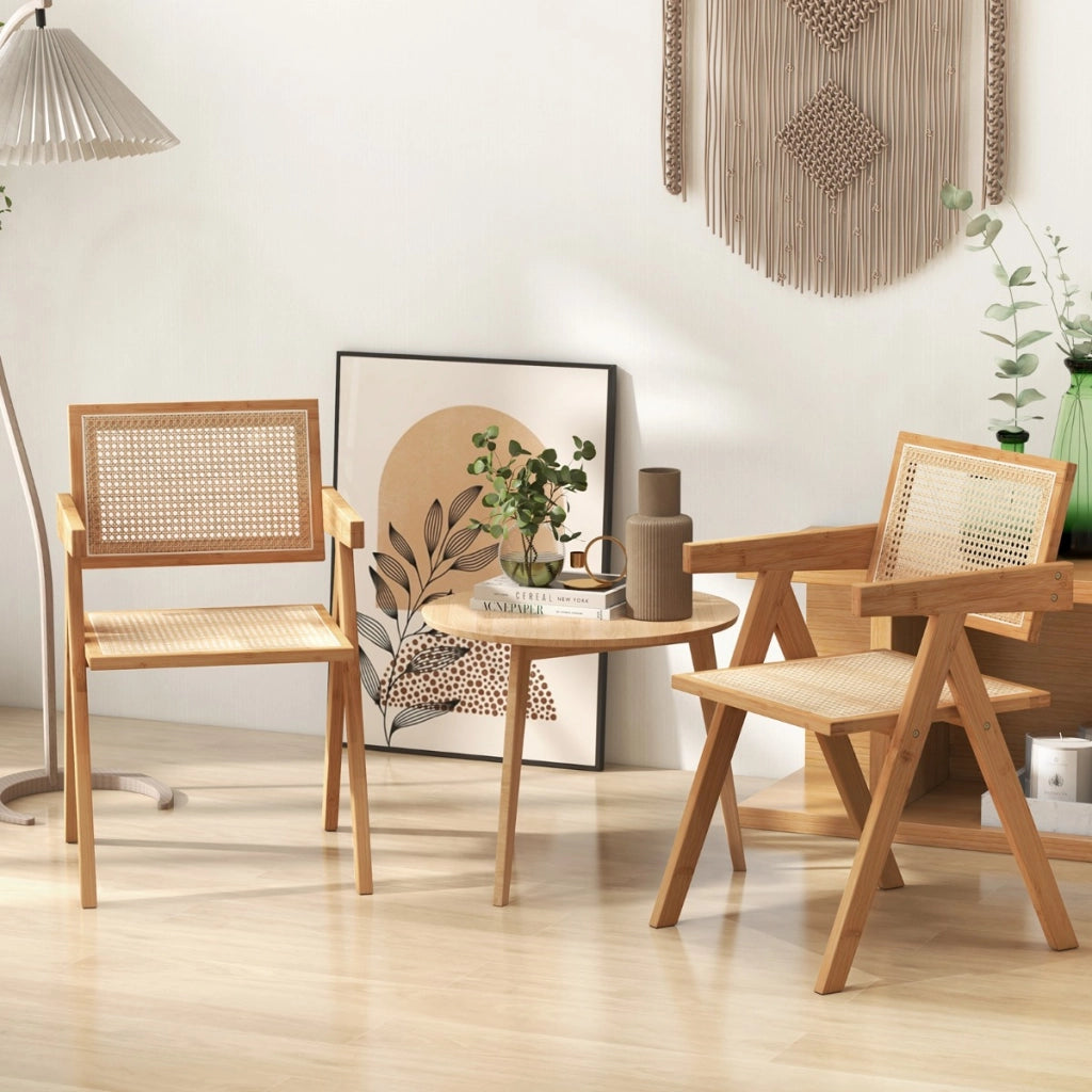 Set 2 Sedie in rattan con telaio naturale in bambù schienale e braccioli-Sedie da pranzo stile mid-century Naturale