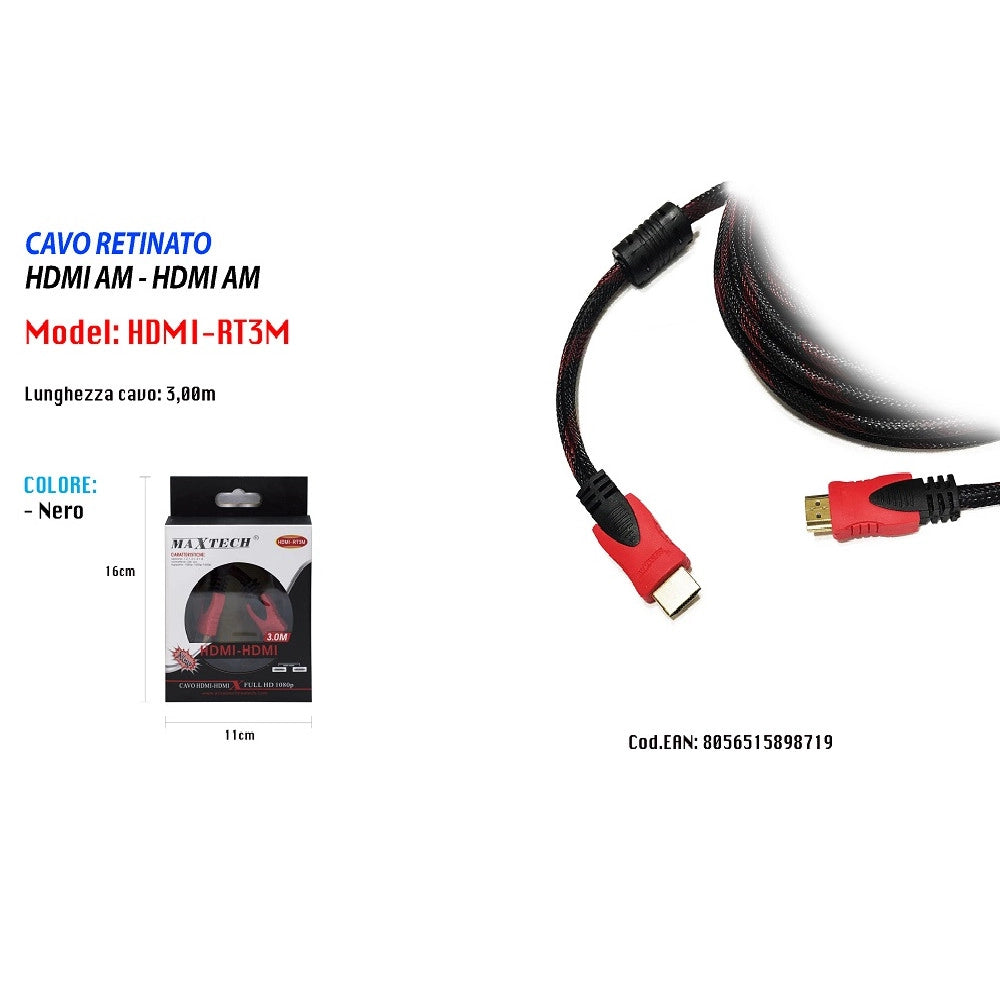 Trade Shop - Cavo Da Hdmi A Hdmi Retinato Da 3 Metri Per Video 1080p 24k Maxtech Hdmi-rt3m -